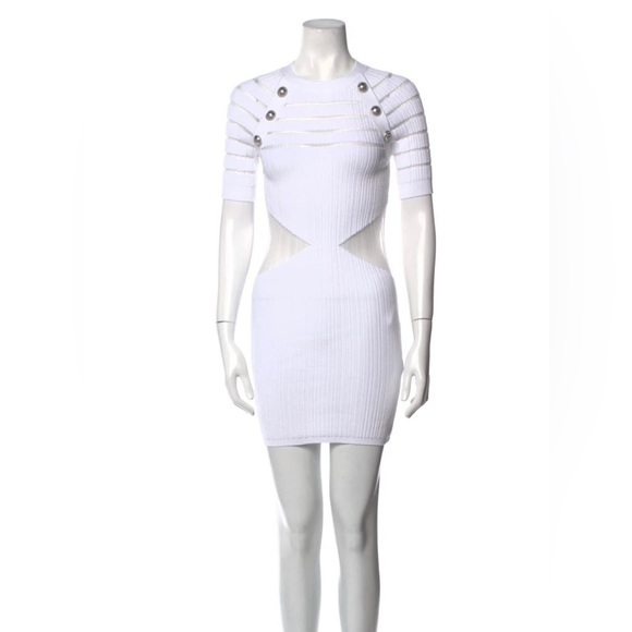 Balmain White Short Knit Dress with Silver-Tone Buttons -EU 36 Mesh Cut-Out - Picture 3 of 4